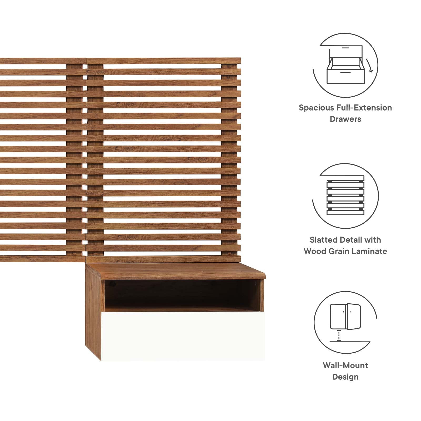 Render Wall Mount Queen Headboard and Modern Nightstands by Modway