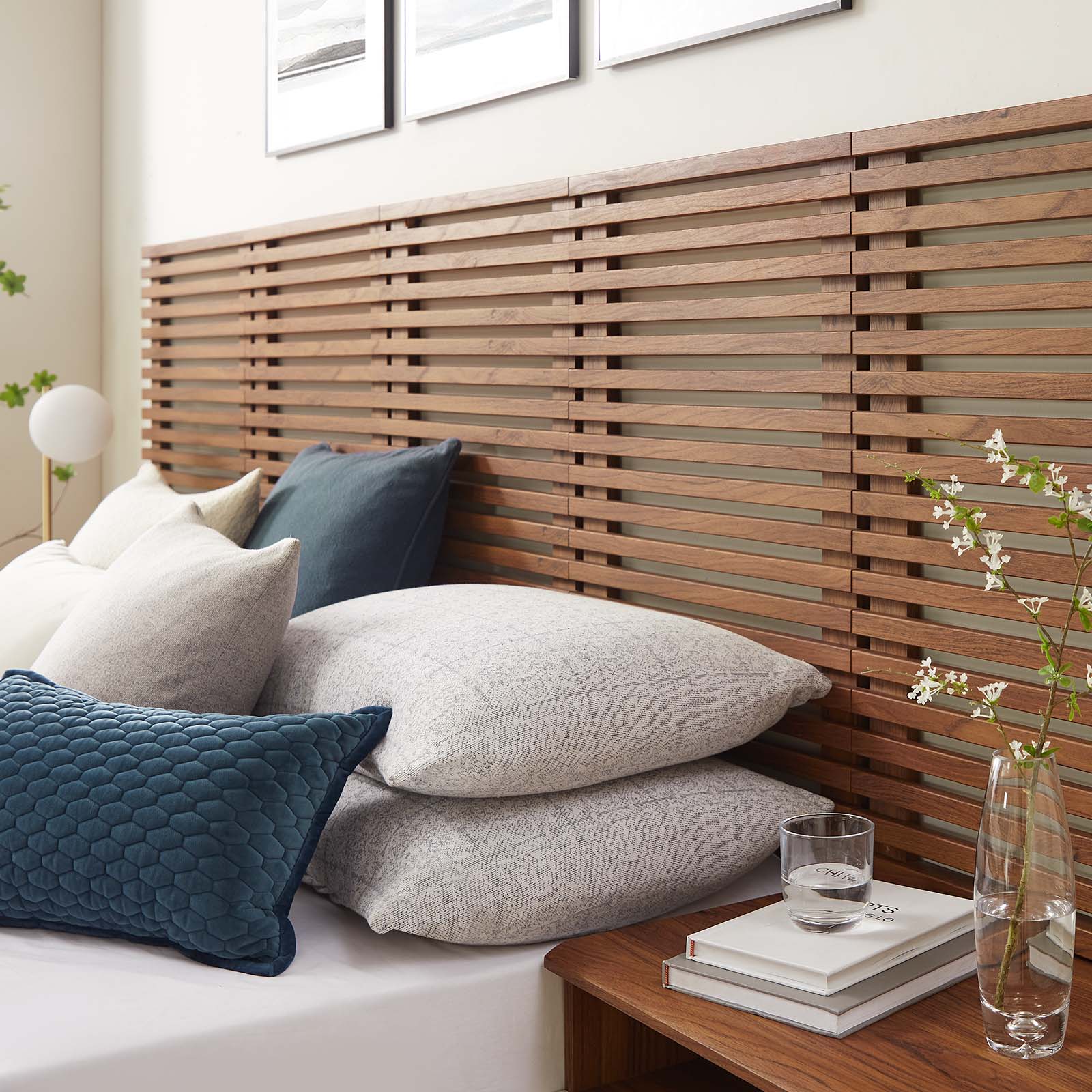 Render Wall Mount Queen Headboard and Modern Nightstands by Modway