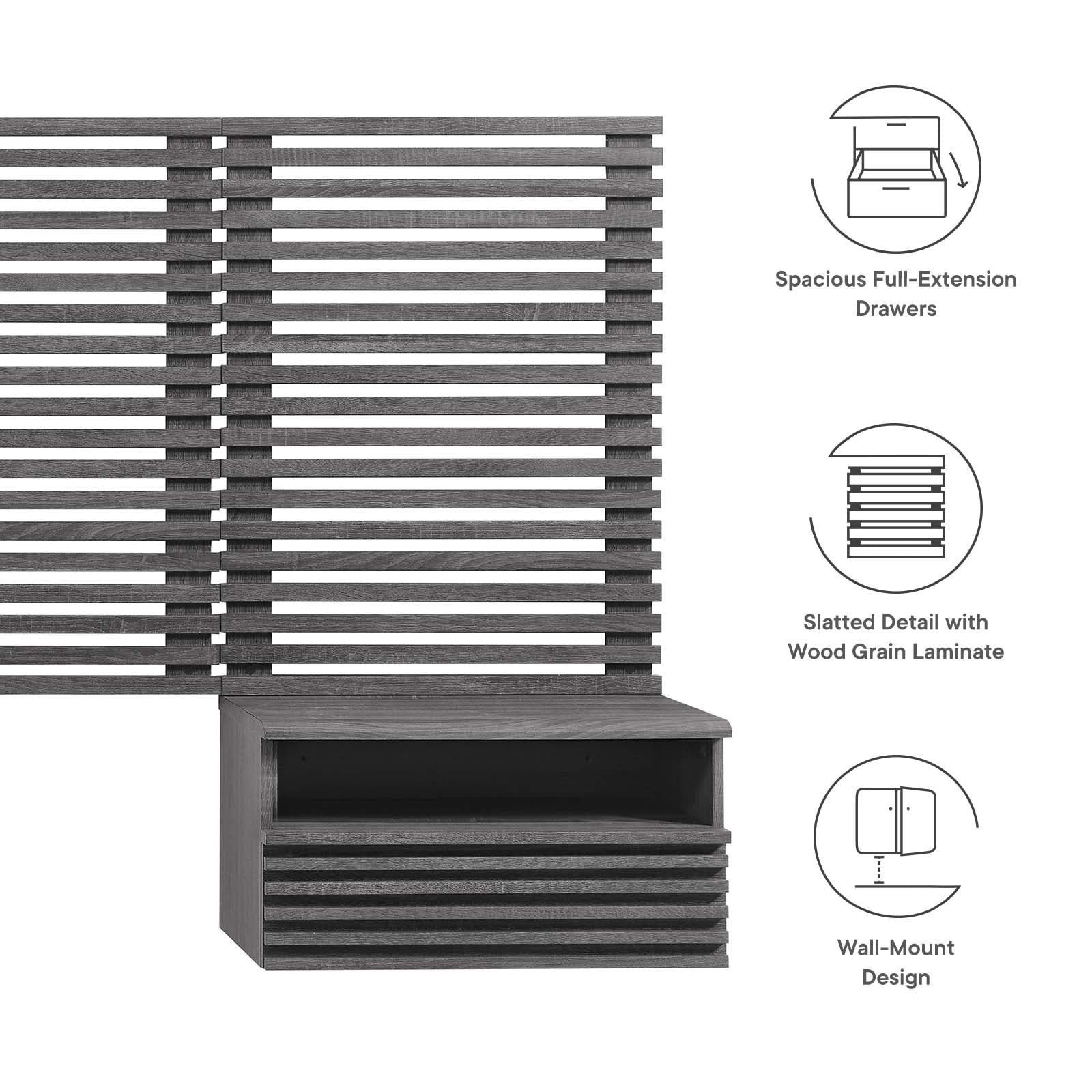 Render Wall Mount Queen Headboard and Modern Nightstands by Modway