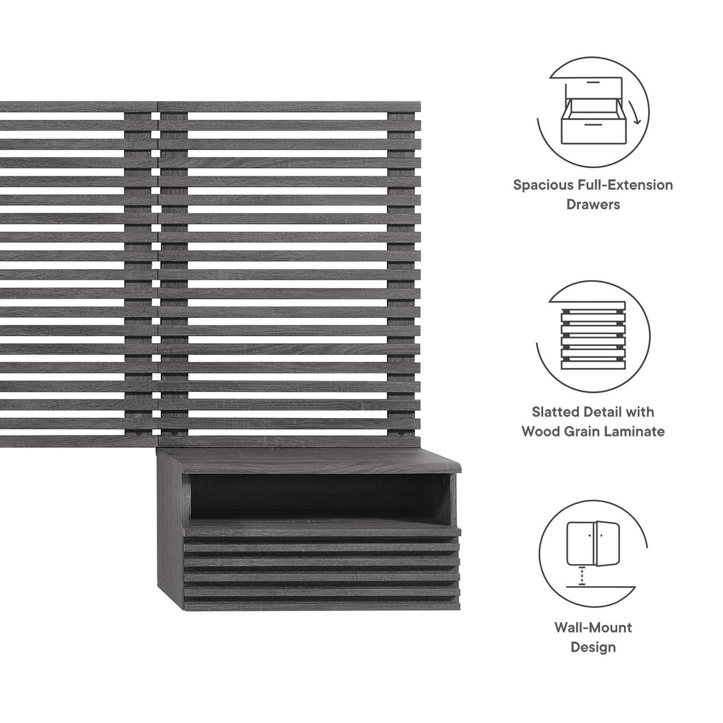 Render Wall Mount King Headboard and Modern Nightstands by Modway