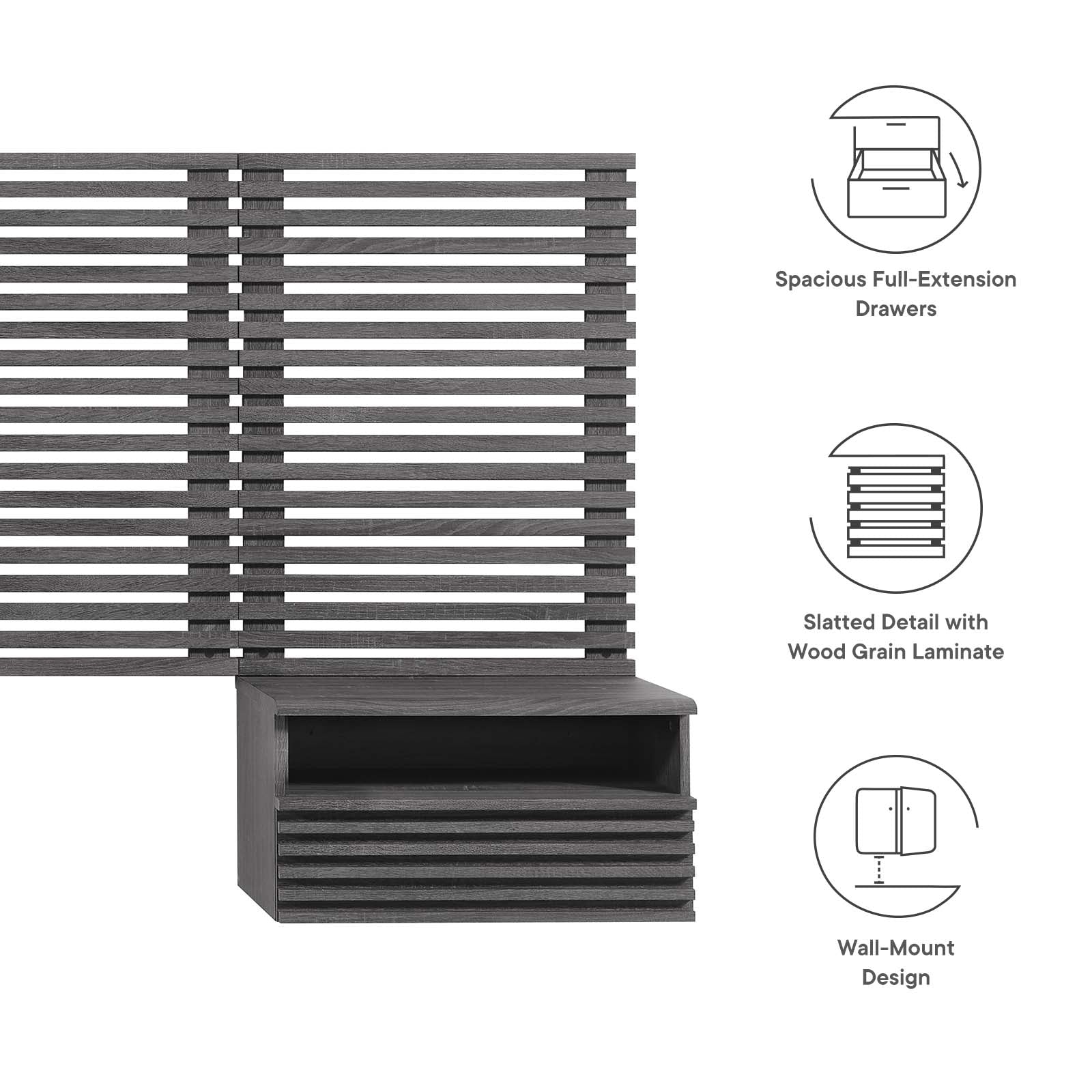 Render Wall Mount King Headboard and Modern Nightstands by Modway