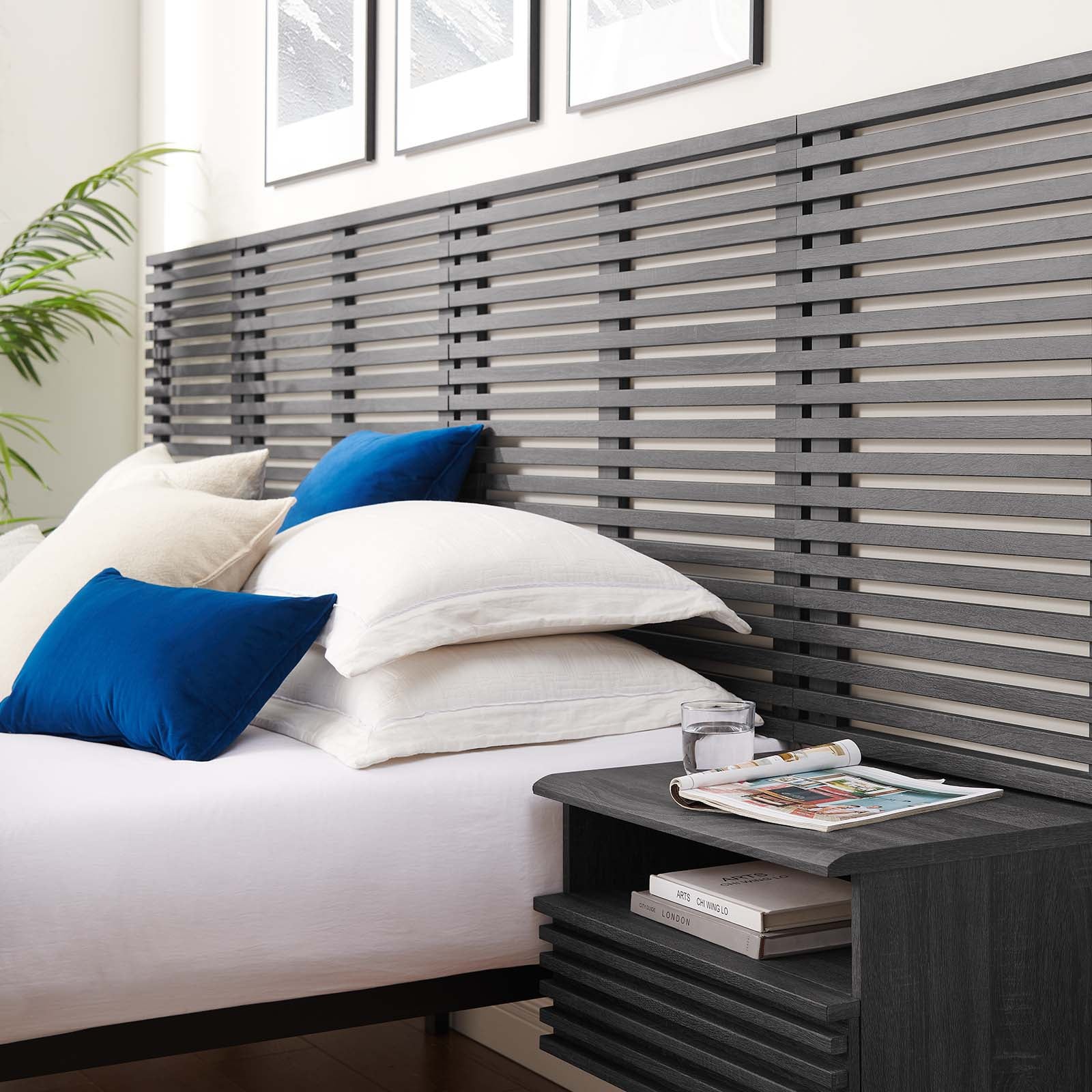 Render Wall Mount King Headboard and Modern Nightstands by Modway