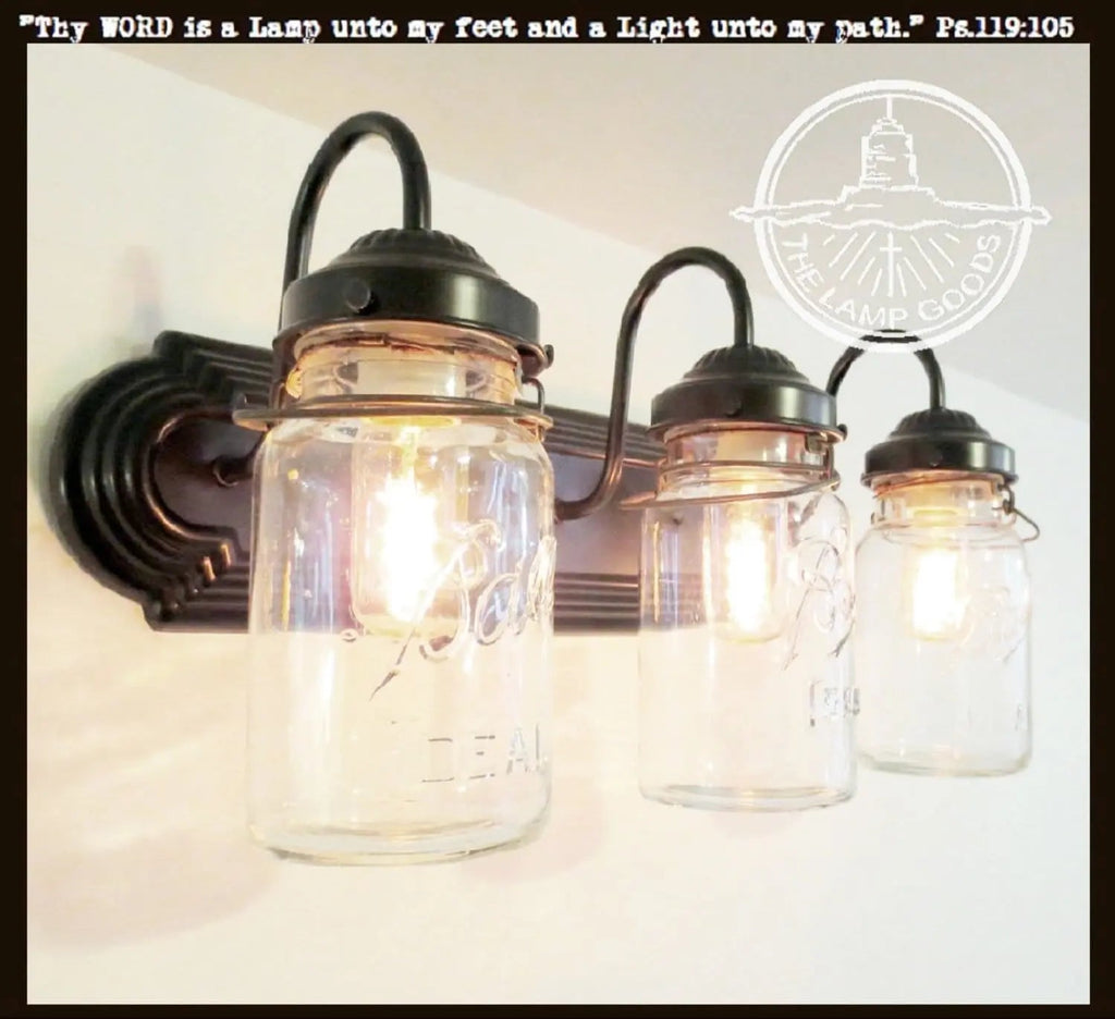 Rustic Vintage Mason Jar BATHROOM Light Trio