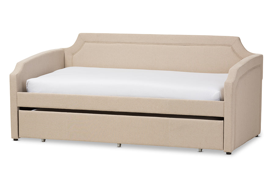 Baxton Studio Parkson Modern and Contemporary Beige Linen Fabric Curved Notched Corners Sofa Twin Daybed with Roll-Out Trundle Guest Bed