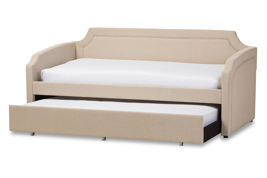 Baxton Studio Parkson Modern and Contemporary Beige Linen Fabric Curved Notched Corners Sofa Twin Daybed with Roll-Out Trundle Guest Bed