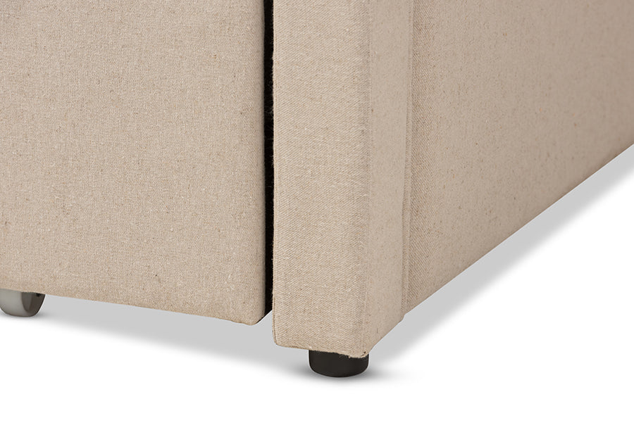 Baxton Studio Parkson Modern and Contemporary Beige Linen Fabric Curved Notched Corners Sofa Twin Daybed with Roll-Out Trundle Guest Bed