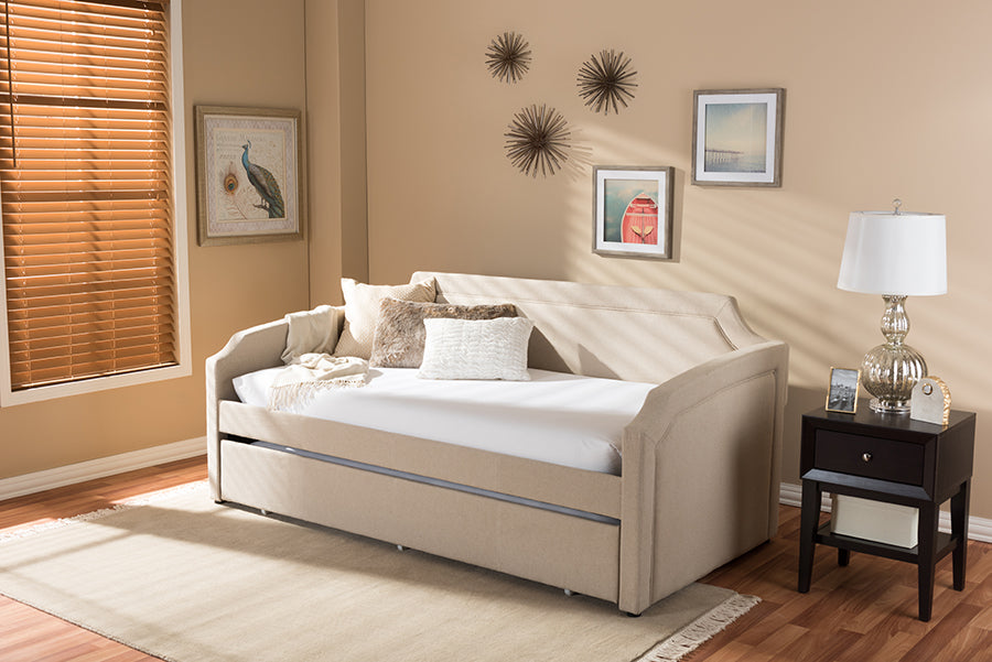 Baxton Studio Parkson Modern and Contemporary Beige Linen Fabric Curved Notched Corners Sofa Twin Daybed with Roll-Out Trundle Guest Bed