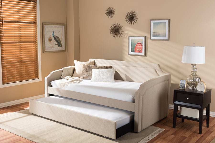 Baxton Studio Parkson Modern and Contemporary Beige Linen Fabric Curved Notched Corners Sofa Twin Daybed with Roll-Out Trundle Guest Bed
