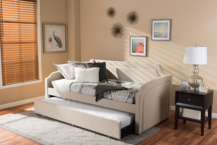 Baxton Studio Parkson Modern and Contemporary Beige Linen Fabric Curved Notched Corners Sofa Twin Daybed with Roll-Out Trundle Guest Bed