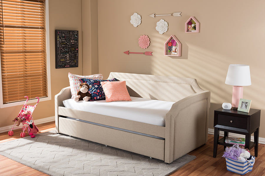Baxton Studio Parkson Modern and Contemporary Beige Linen Fabric Curved Notched Corners Sofa Twin Daybed with Roll-Out Trundle Guest Bed