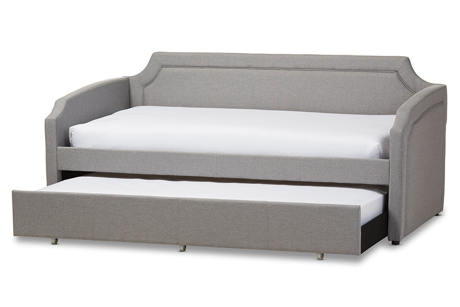 Baxton Studio Parkson Modern and Contemporary Grey Fabric Curved Notched Corners Sofa Twin Daybed with Roll-Out Trundle Guest Bed