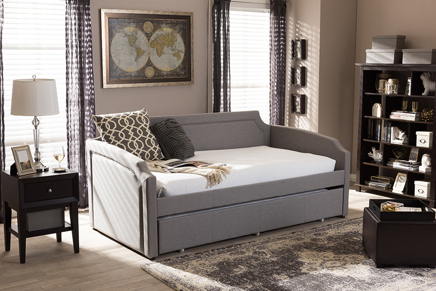 Baxton Studio Parkson Modern and Contemporary Grey Fabric Curved Notched Corners Sofa Twin Daybed with Roll-Out Trundle Guest Bed