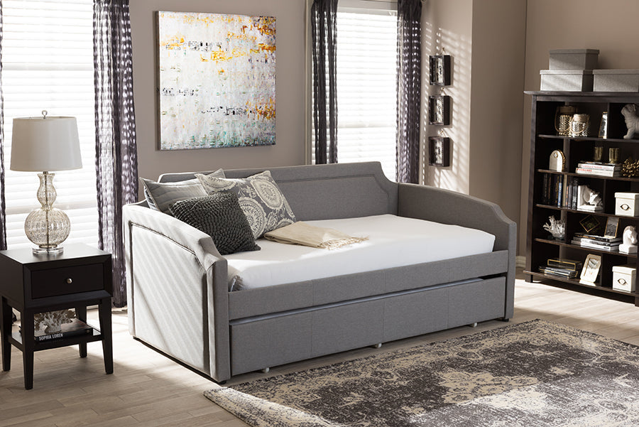 Baxton Studio Parkson Modern and Contemporary Grey Fabric Curved Notched Corners Sofa Twin Daybed with Roll-Out Trundle Guest Bed