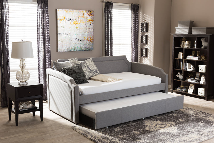 Baxton Studio Parkson Modern and Contemporary Grey Fabric Curved Notched Corners Sofa Twin Daybed with Roll-Out Trundle Guest Bed