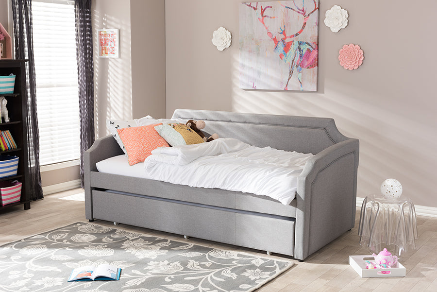 Baxton Studio Parkson Modern and Contemporary Grey Fabric Curved Notched Corners Sofa Twin Daybed with Roll-Out Trundle Guest Bed
