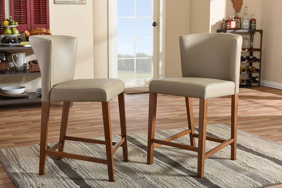 Baxton Studio Olivia Mid-century Modern Scandinavian Style Dark Walnut Wood Grey Faux Leather Pub Stool (Set of 2)