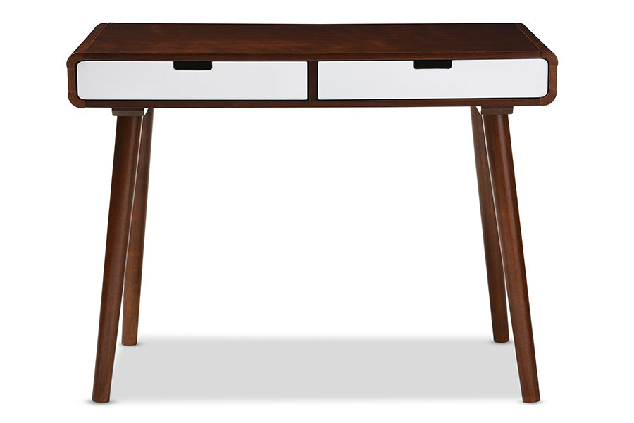 Baxton Studio Casarano Mid-century Modern Dark Walnut and White Two-tone Finish 2-drawer Wood Home Office Writing Desk