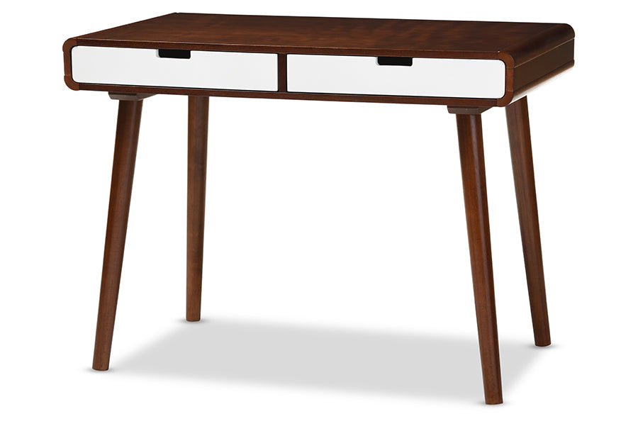 Baxton Studio Casarano Mid-century Modern Dark Walnut and White Two-tone Finish 2-drawer Wood Home Office Writing Desk