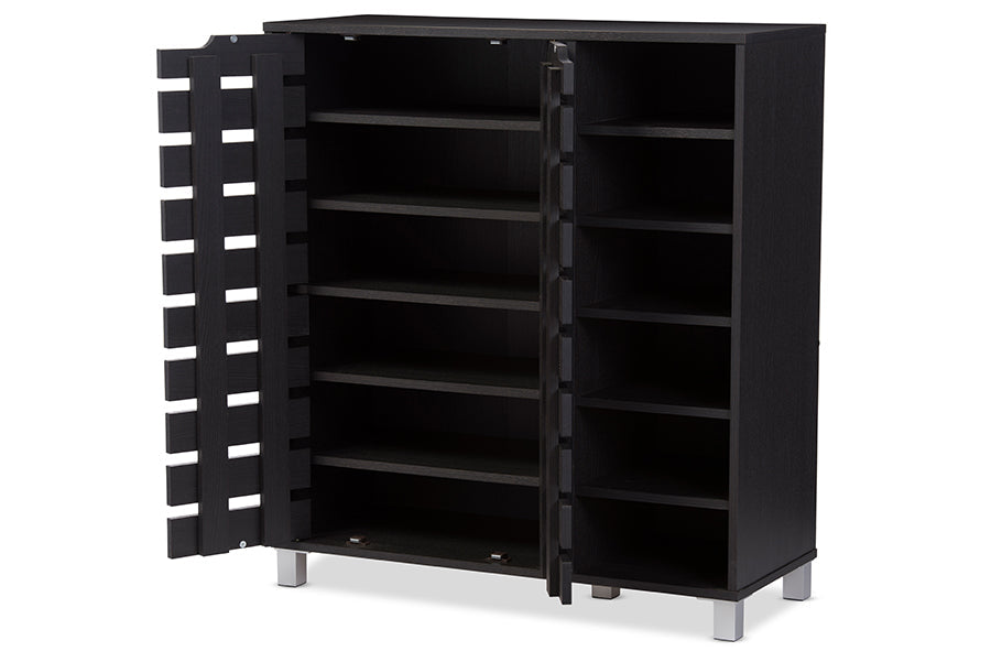 Baxton Studio Shirley Modern and Contemporary Dark Brown Wood 2-Door Shoe Cabinet with Open Shelves