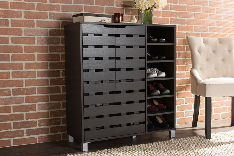Baxton Studio Shirley Modern and Contemporary Dark Brown Wood 2-Door Shoe Cabinet with Open Shelves
