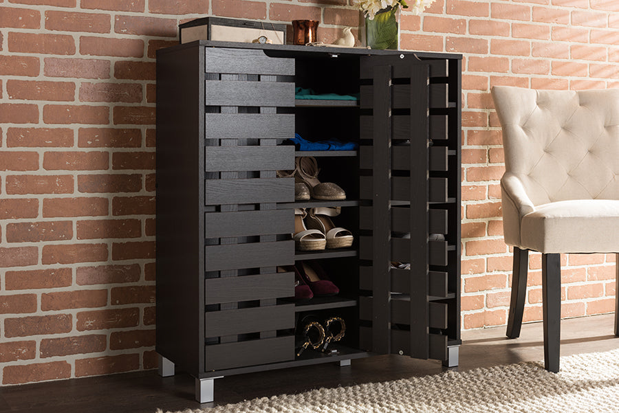Baxton Studio Shirley Modern and Contemporary Dark Brown Wood 2-Door Shoe Cabinet with Open Shelves