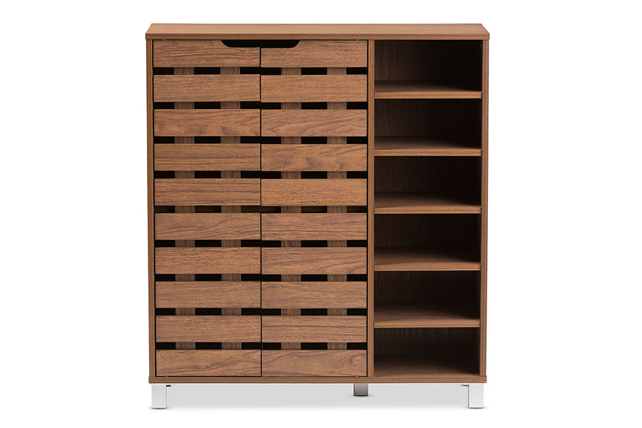Baxton Studio Shirley Modern and Contemporary "Walnut" Medium Brown Wood 2-Door Shoe Cabinet with Open Shelves