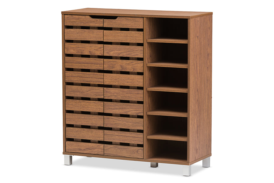 Baxton Studio Shirley Modern and Contemporary "Walnut" Medium Brown Wood 2-Door Shoe Cabinet with Open Shelves