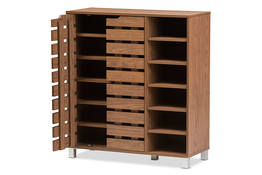 Baxton Studio Shirley Modern and Contemporary "Walnut" Medium Brown Wood 2-Door Shoe Cabinet with Open Shelves