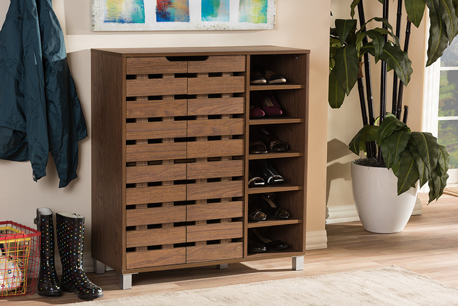Baxton Studio Shirley Modern and Contemporary "Walnut" Medium Brown Wood 2-Door Shoe Cabinet with Open Shelves