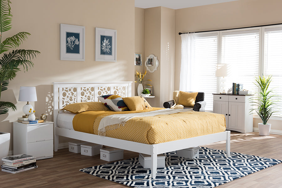 Baxton Studio Celine Modern and Contemporary Geometric Pattern White Solid Wood Full Size Platform Bed