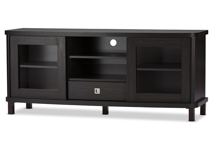 Baxton Studio Walda 60-Inch Greyish Dark Brown Wood TV Cabinet with 2 Sliding Doors and 1 Drawer