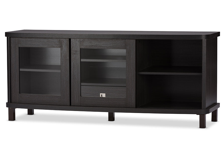 Baxton Studio Walda 60-Inch Greyish Dark Brown Wood TV Cabinet with 2 Sliding Doors and 1 Drawer