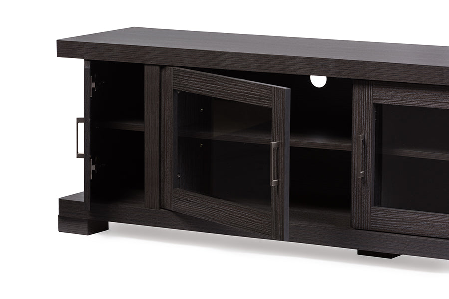 Baxton Studio Viveka 70-Inch Greyish Dark Brown Wood TV Cabinet with 2 Glass Doors and 2 Doors