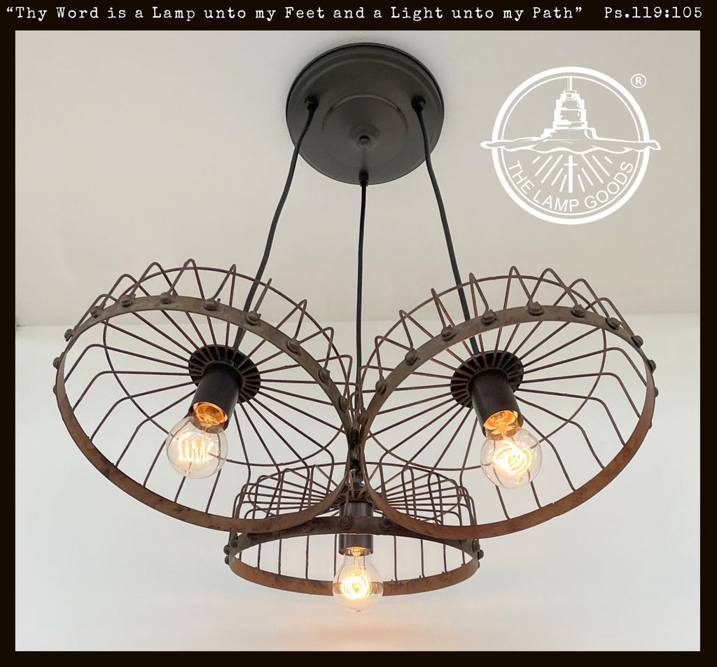 Rustic Industrial Wagon Wheel CHANDELIER TRIO Light