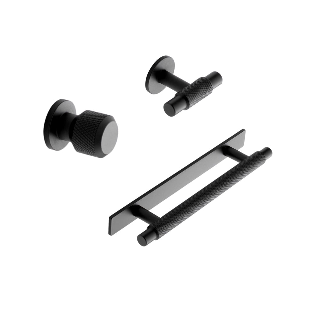 Knurled Backplate "Manor" Matte Black Cabinet Knobs and Drawer Pulls