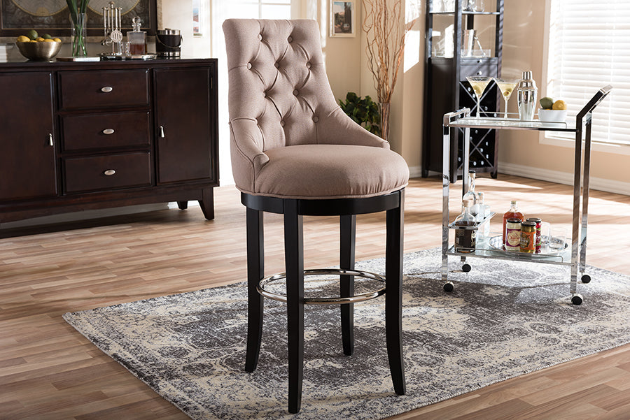 Baxton Studio Harmony Modern and Contemporary Button-tufted Beige Fabric Upholstered Bar Stool with Metal Footrest
