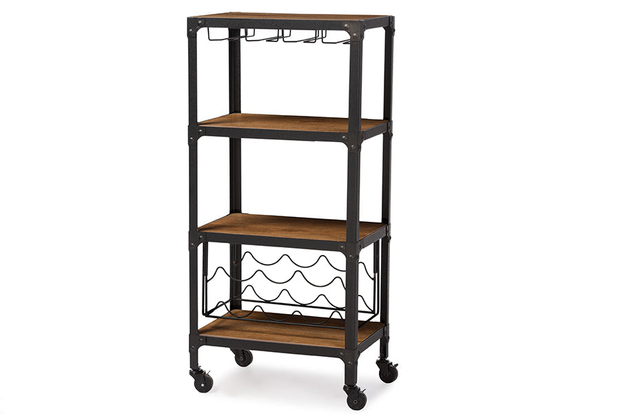 Baxton Studio Swanson Rustic Industrial Style Antique Black Textured Finish Metal Distressed Wood Mobile Kitchen Bar Wine Storage Shelf