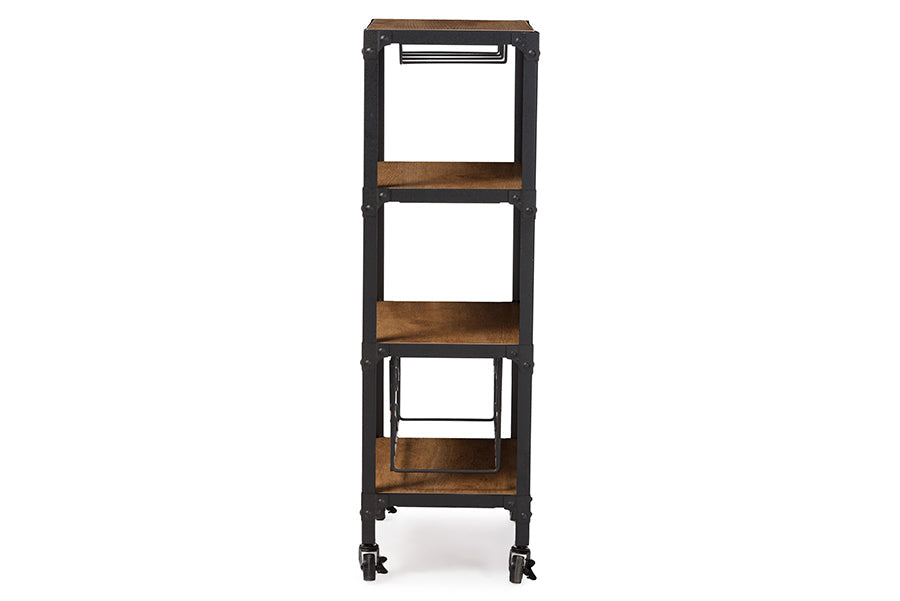 Baxton Studio Swanson Rustic Industrial Style Antique Black Textured Finish Metal Distressed Wood Mobile Kitchen Bar Wine Storage Shelf