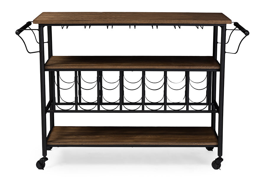 Baxton Studio Bradford Rustic Industrial Style Antique Black Textured Finish Metal Distressed Wood Mobile Kitchen Bar Serving Wine Cart