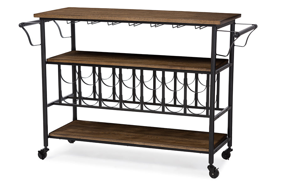 Baxton Studio Bradford Rustic Industrial Style Antique Black Textured Finish Metal Distressed Wood Mobile Kitchen Bar Serving Wine Cart
