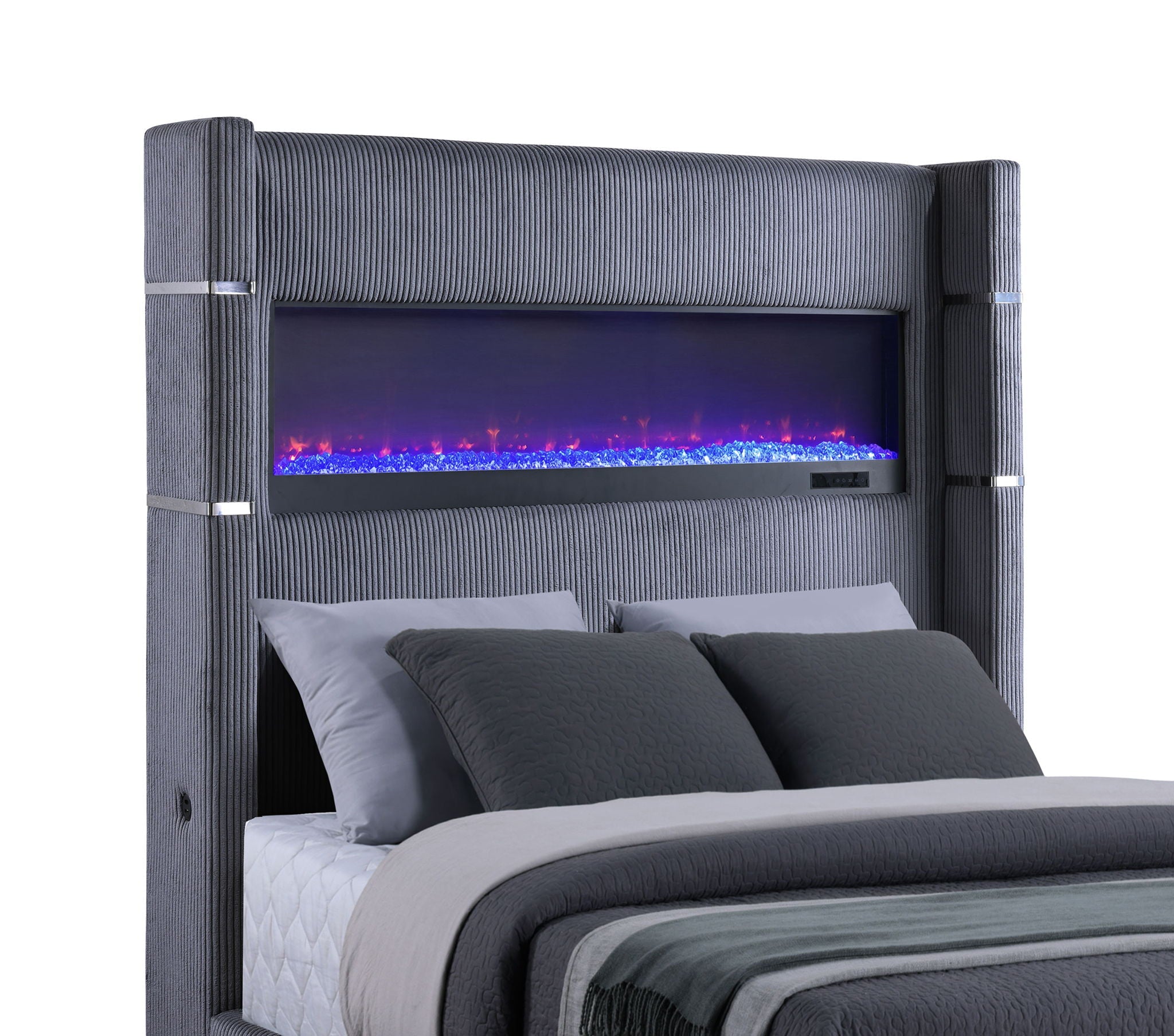 Tisdall Upholstered Eastern King Flame Visualizer Bed Grey