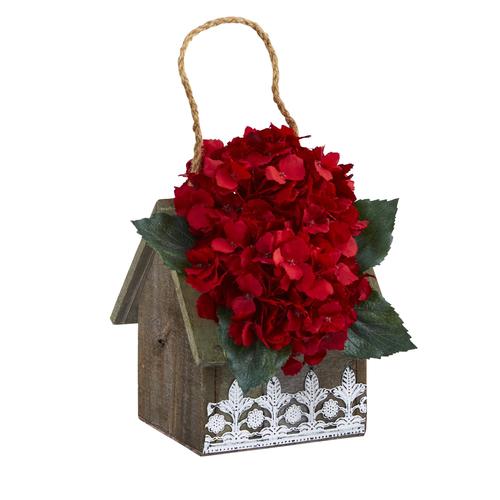 10" Hydrangea Artificial Arrangement in Hanging Floral Design House Planter