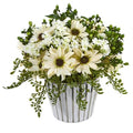 10" Mixed Daisy Artificial Arrangement in White Vase Silver Trimming