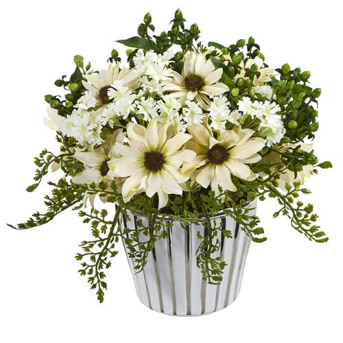 10" Mixed Daisy Artificial Arrangement in White Vase Silver Trimming