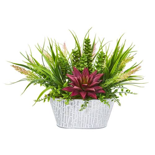 10" Succulent and Grass Artificial Plant in White Tin Planter