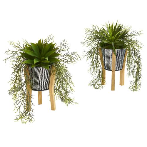 11" Agave Succulent Artificial Plant in Tin Planter with Legs (Set of 2)