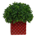 11" Boxwood Topiary Artificial Plant in Red Planter UV Resistant (Indoor/Outdoor)