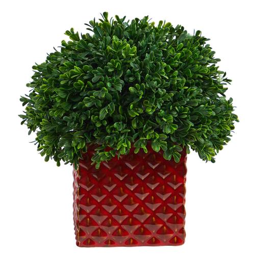 11" Boxwood Topiary Artificial Plant in Red Planter UV Resistant (Indoor/Outdoor)