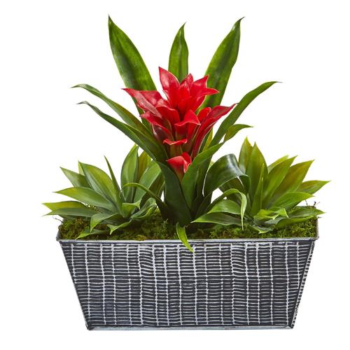 11" Bromeliad and Agave Artificial Plant in Embossed Tin Planter