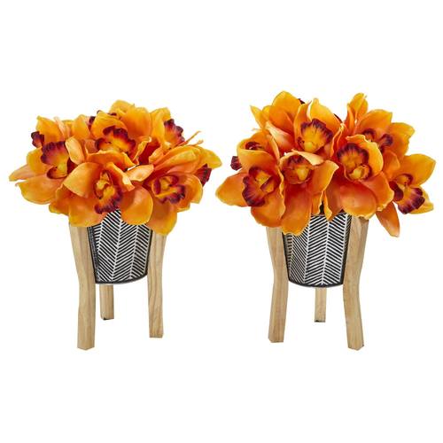 11" Cymbidium Orchid Artificial Arrangement in Tin Vase with Legs (Set of 2)